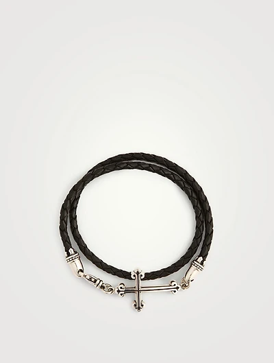 Thin Braided Leather Traditional Cross Double Wrapped Bracelet