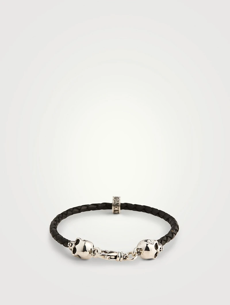 Thin Braided Leather Skull Bracelet