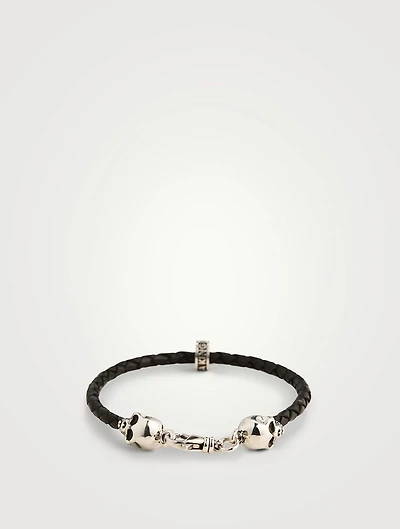 Thin Braided Leather Skull Bracelet