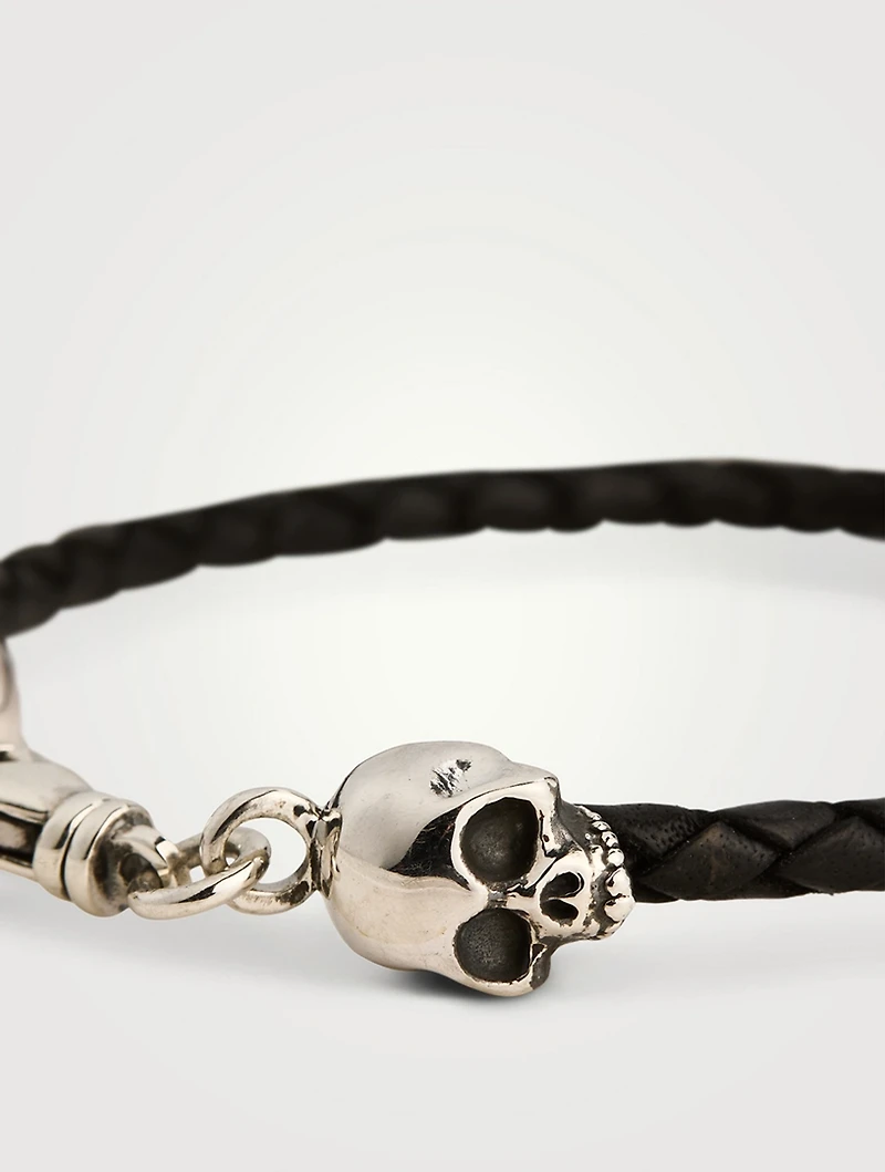 Thin Braided Leather Skull Bracelet