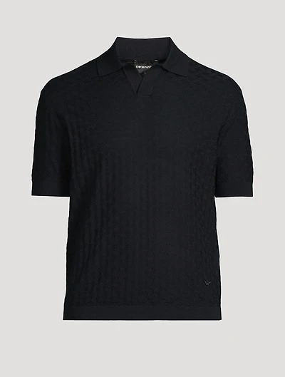 Jacquard Wool Short-Sleeve Polo Sweater