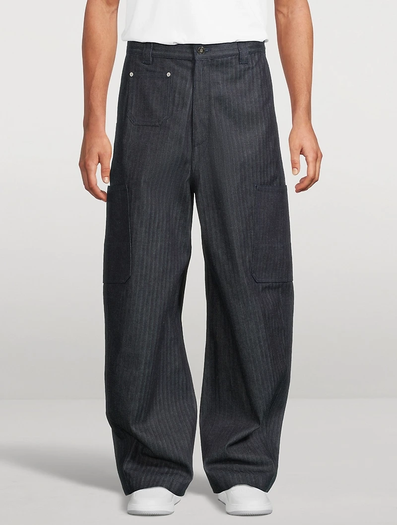 Herringbone Wide-Leg Cargo Pants