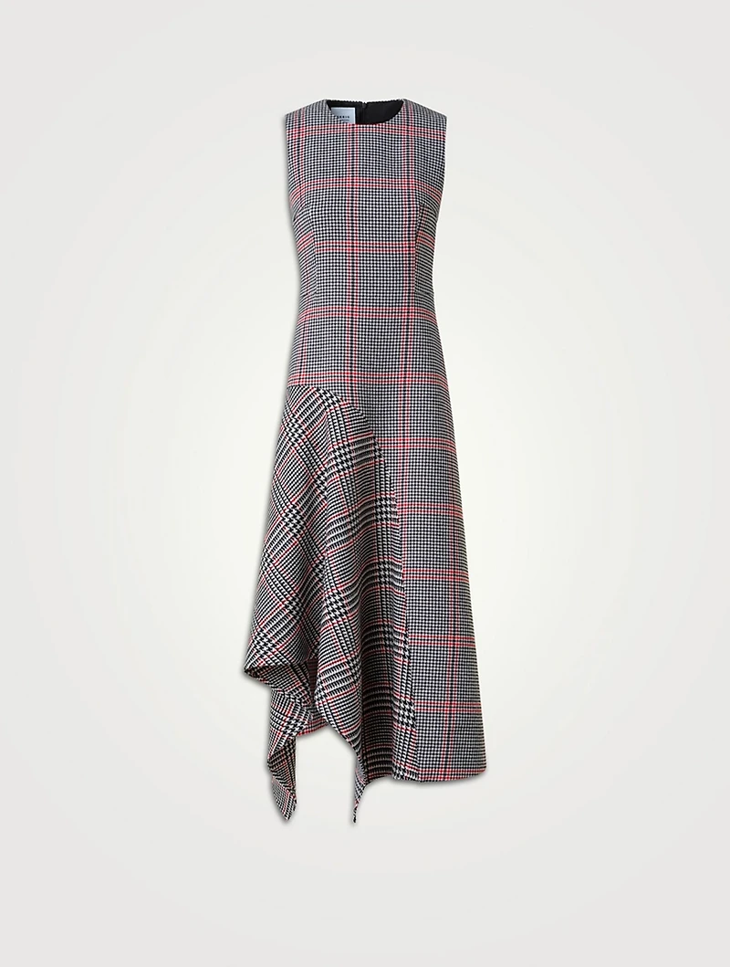 Asymmetric Wool Dress Houndstooth Print