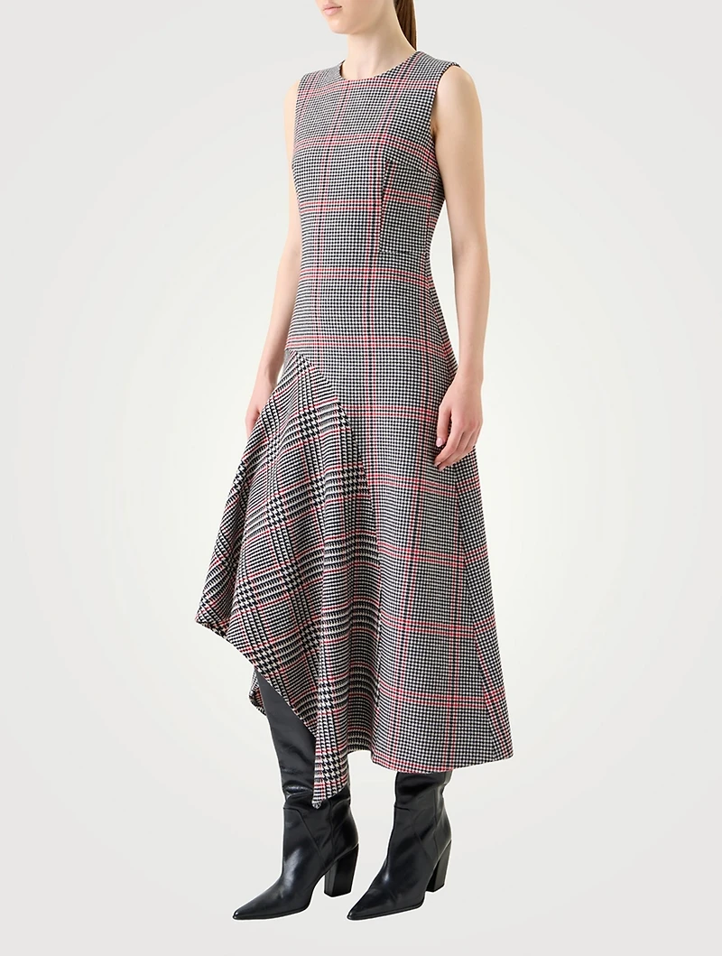 Asymmetric Wool Dress Houndstooth Print