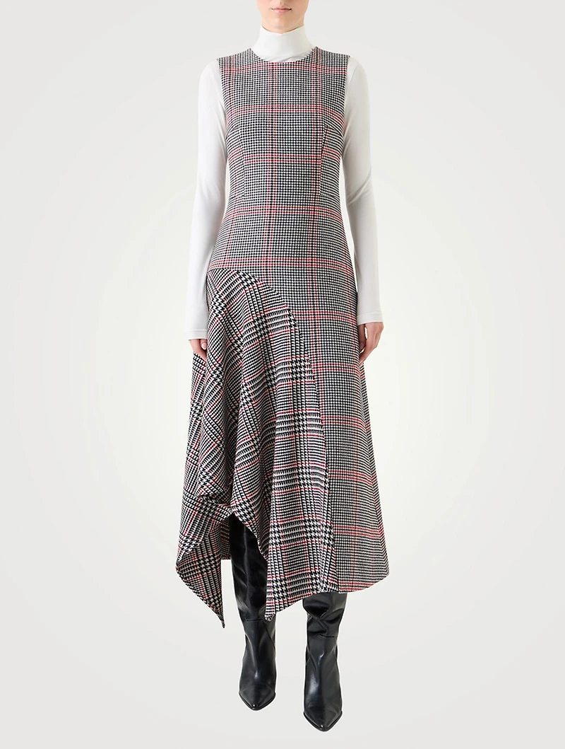 Asymmetric Wool Dress Houndstooth Print