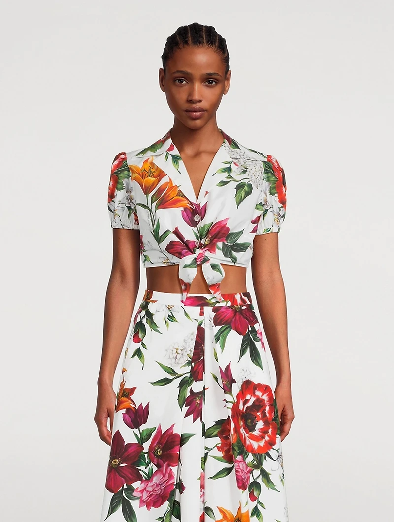 Tie-Front Poplin Shirt Floral Print