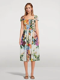 Poplin Midi Dress Flower Bouquet Print