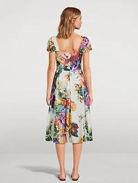 Poplin Midi Dress Flower Bouquet Print