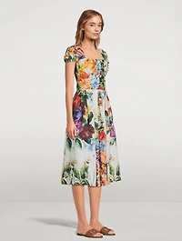 Poplin Midi Dress Flower Bouquet Print