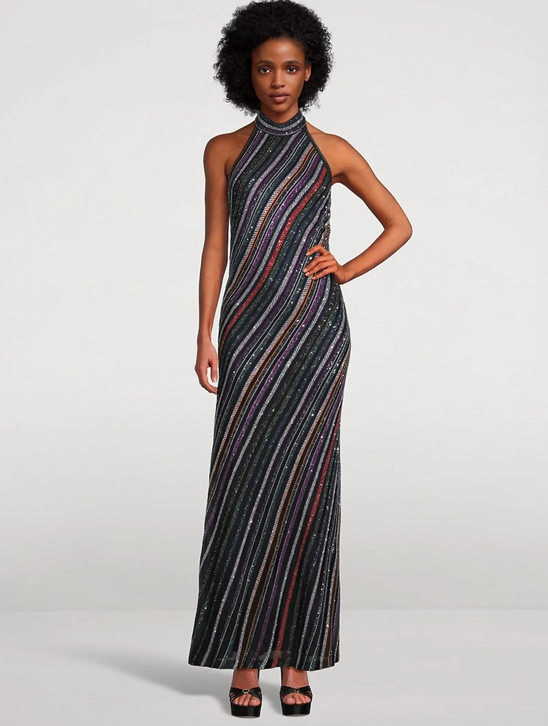 Sequin-Embellished Halter Gown