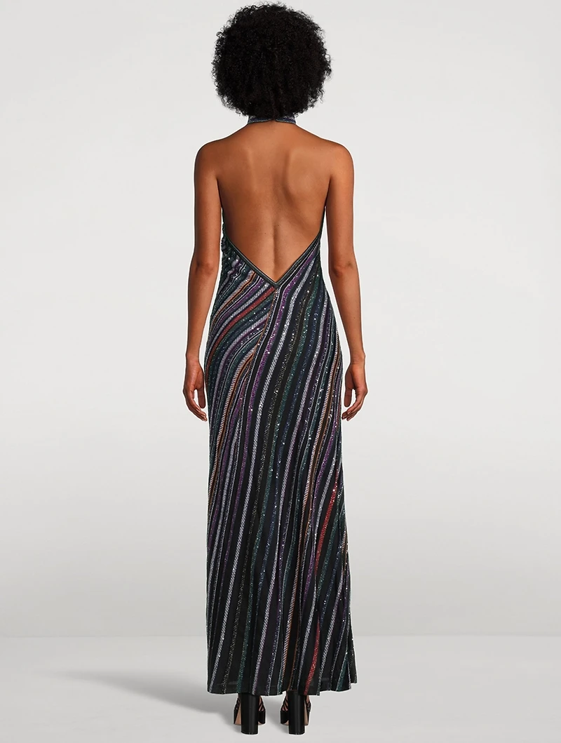 Sequin-Embellished Halter Gown