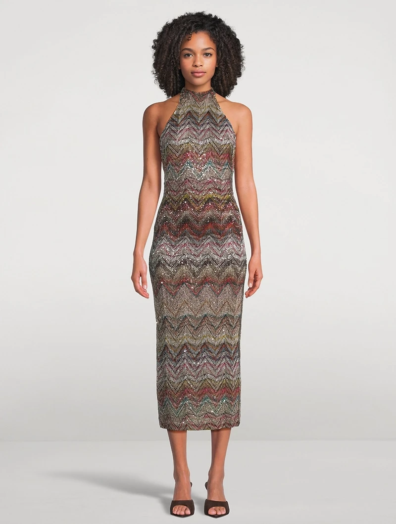 Sequin-Embellished Halter Dress