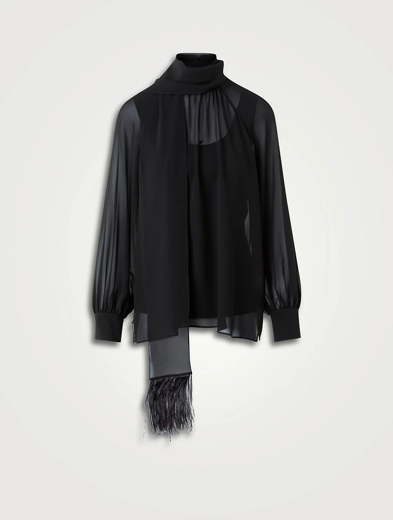 Feather-Trimmed Georgette Blouse