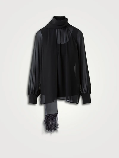 Feather-Trimmed Georgette Blouse