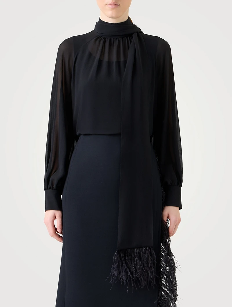 Feather-Trimmed Georgette Blouse