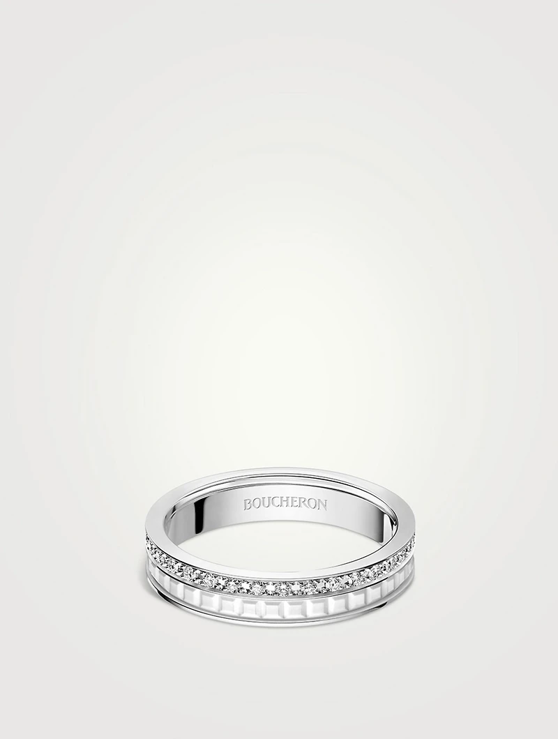 Small 18K White Gold Quatre Double Edition Wedding Band With Hyceram And Diamonds