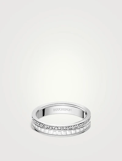 Small 18K White Gold Quatre Double Edition Wedding Band With Hyceram And Diamonds