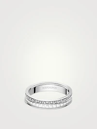 Small 18K White Gold Quatre Double Edition Wedding Band With Hyceram And Diamonds
