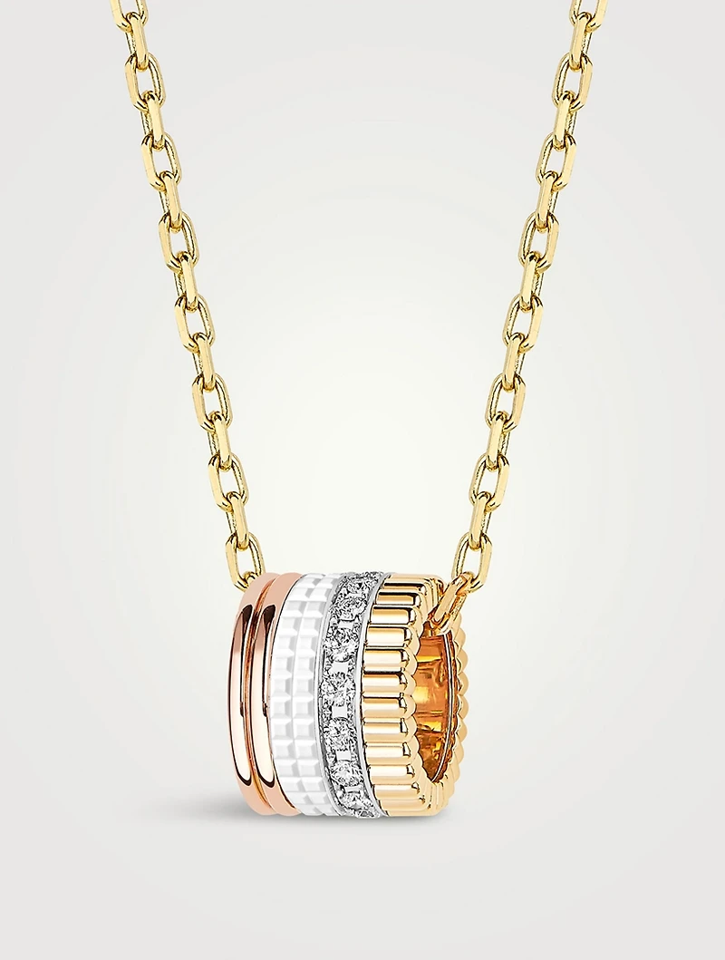 Large Quatre White Edition 18K Gold Pendant Necklace With White Hyceram And Diamonds