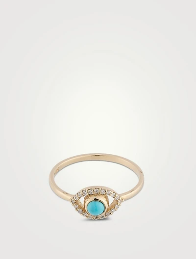 Classique 14K Gold Evil Eye Ring With Sleeping Beauty Turquoise And Diamonds