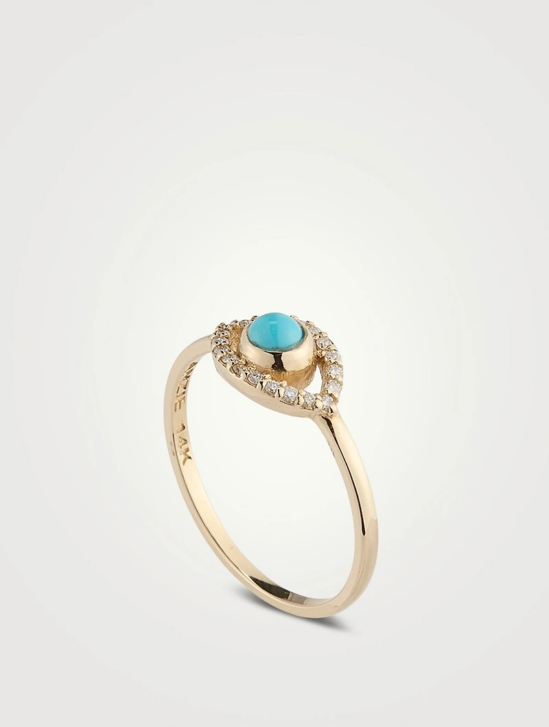 Classique 14K Gold Evil Eye Ring With Sleeping Beauty Turquoise And Diamonds