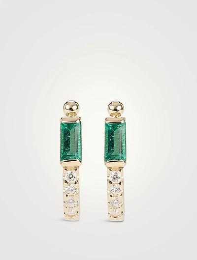 Cléo 14K Gold Baguette Half Hoop Earrings With Emerald And Diamonds