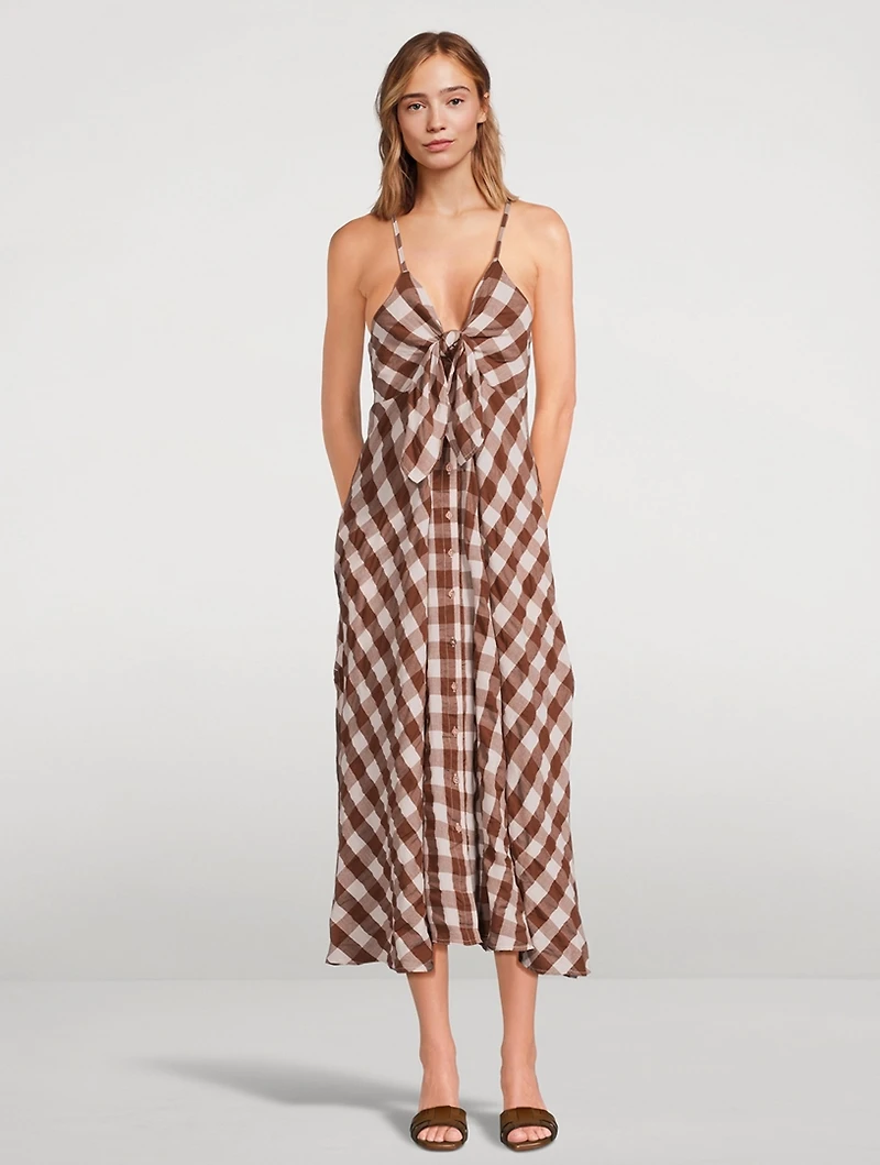 Via Tie-Front Midi Dress Gingham Print