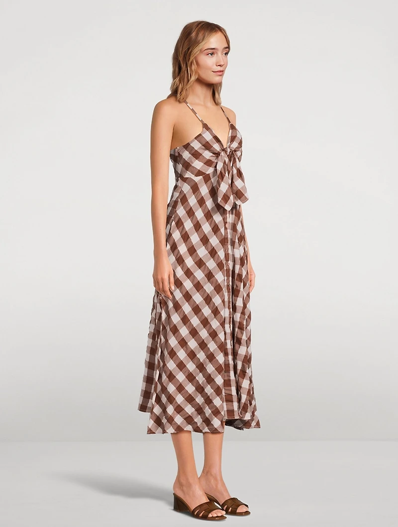 Via Tie-Front Midi Dress Gingham Print