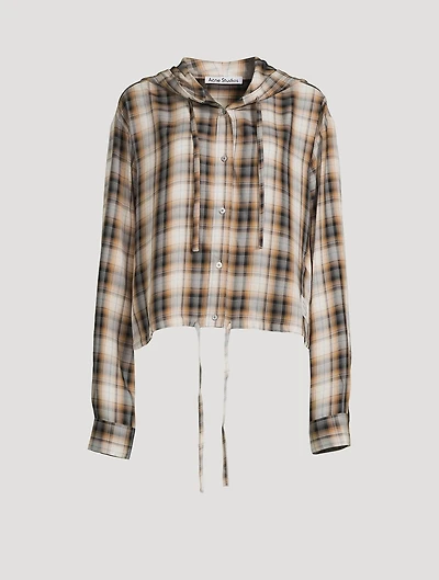 Hooded Drawstring Shirt Plaid Print