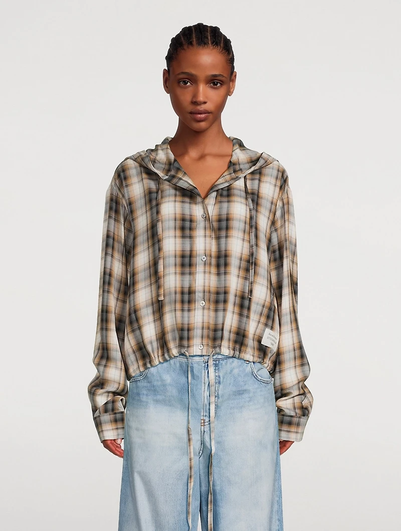 Hooded Drawstring Shirt Plaid Print