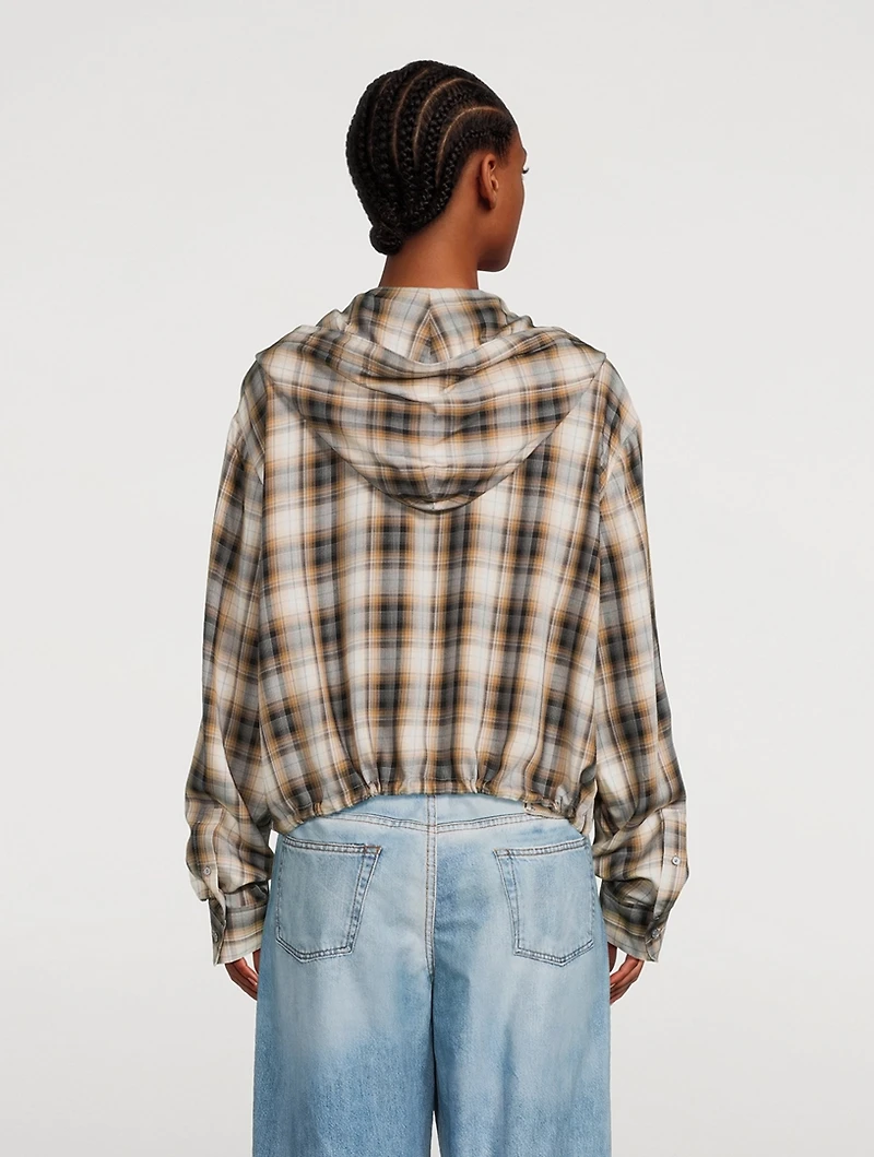 Hooded Drawstring Shirt Plaid Print