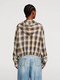 Hooded Drawstring Shirt Plaid Print