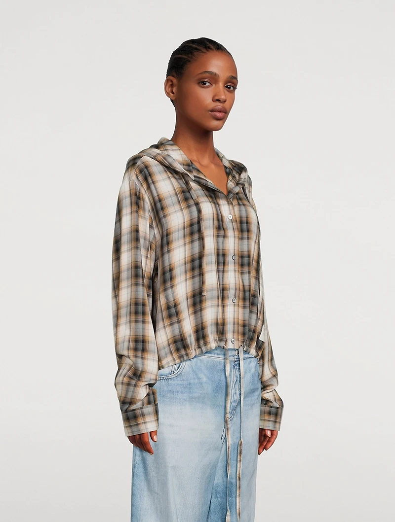 Hooded Drawstring Shirt Plaid Print