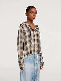 Hooded Drawstring Shirt Plaid Print