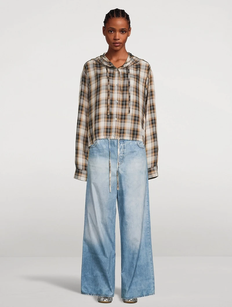 Hooded Drawstring Shirt Plaid Print