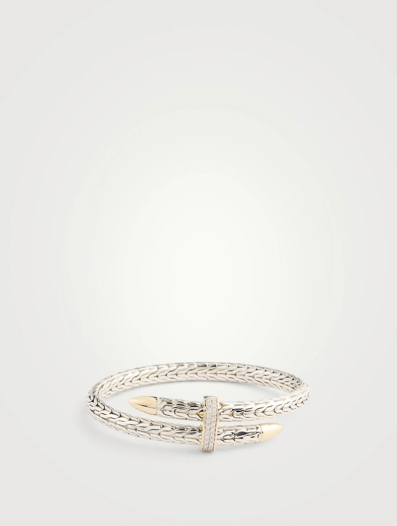 Spear 14K Gold And Silver Bypass Flex Cuff Bracelet With Pavé Diamonds