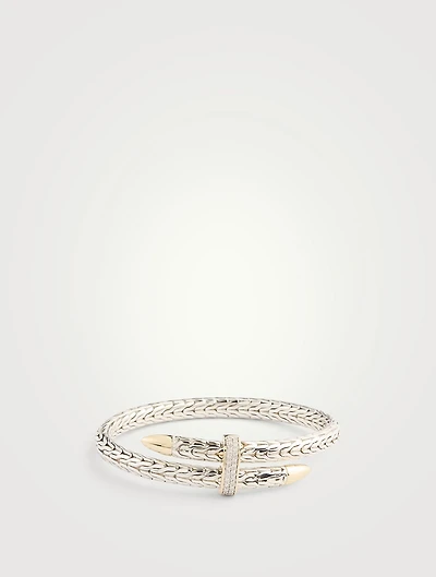 Spear 14K Gold And Silver Bypass Flex Cuff Bracelet With Pavé Diamonds