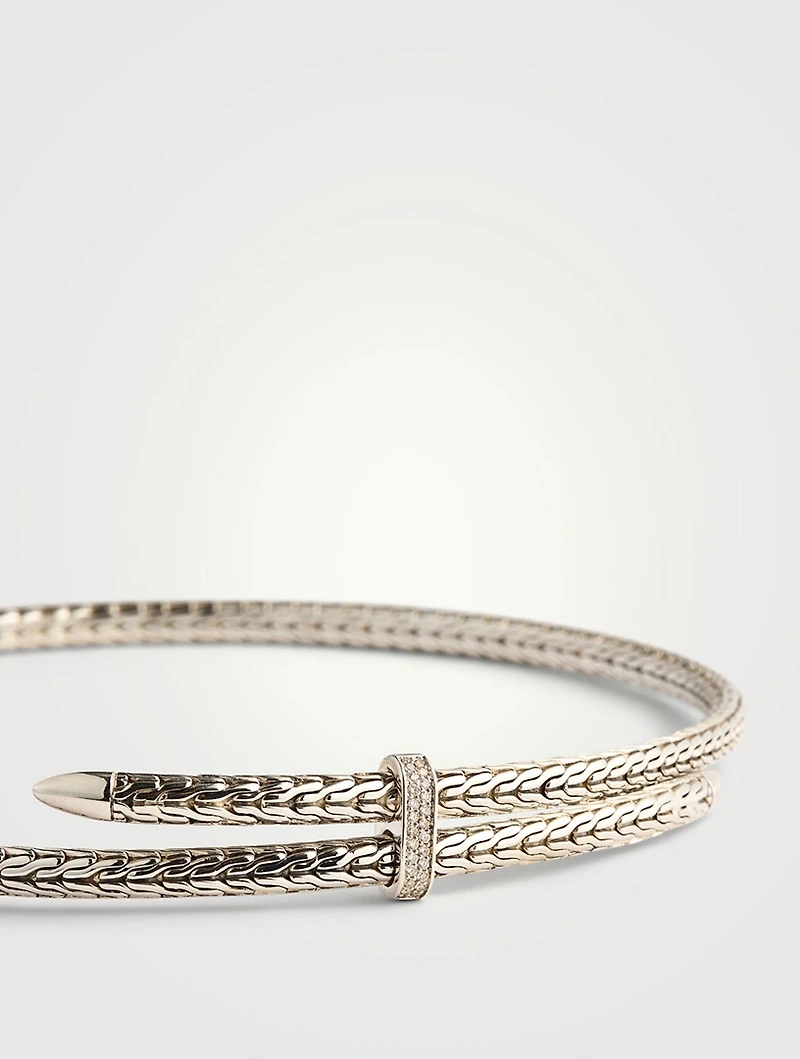 Sterling Silver Spear Coil Choker Necklace With Diamonds