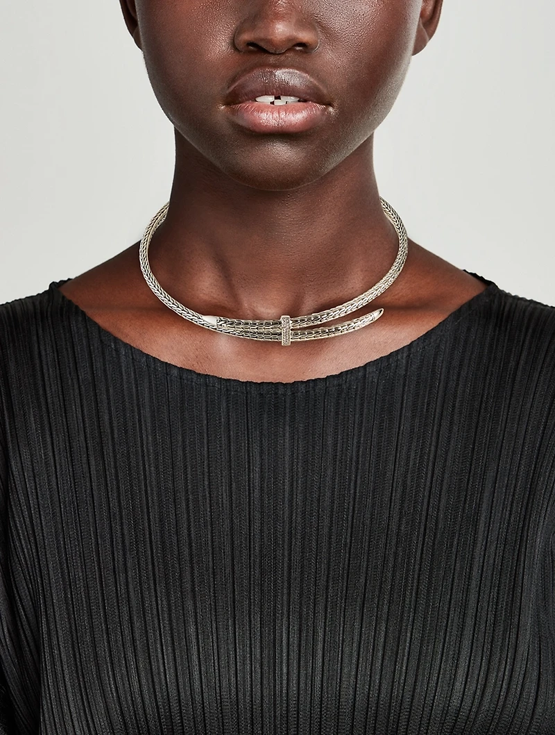 Sterling Silver Spear Coil Choker Necklace With Diamonds