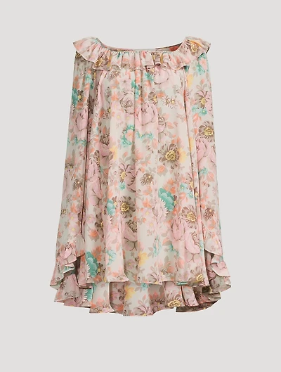 Ruffled Crêpe de Chine Mini Dress Floral Print