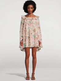 Ruffled Crêpe de Chine Mini Dress Floral Print