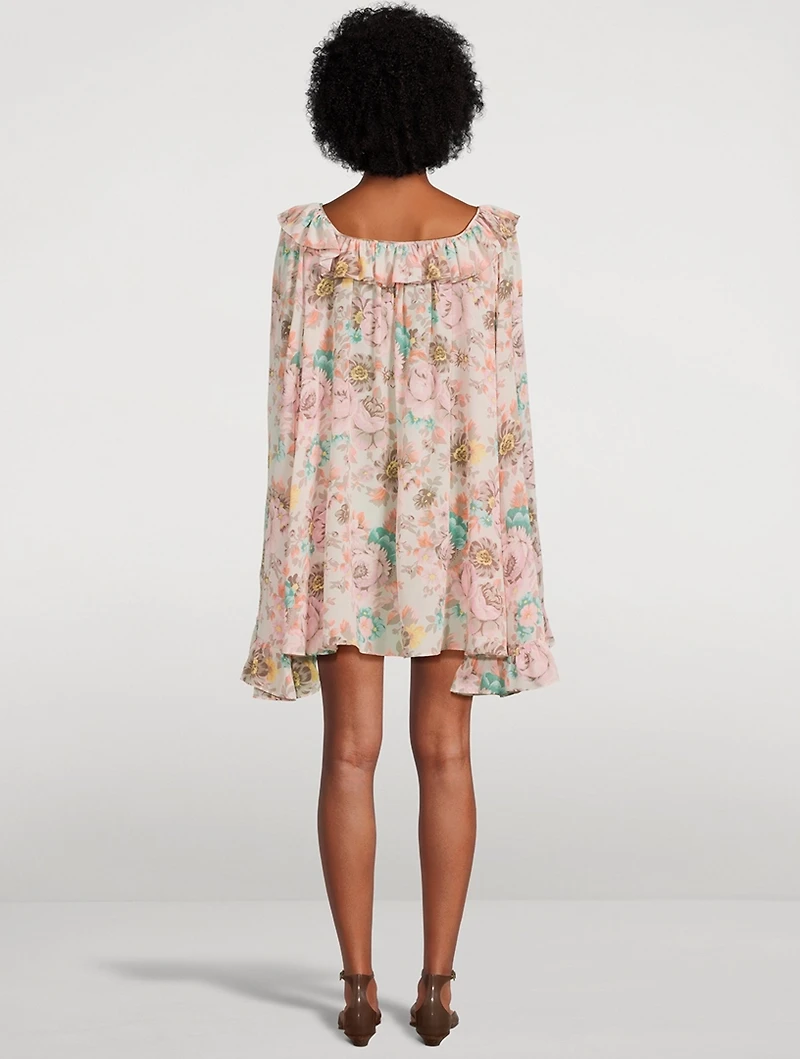 Ruffled Crêpe de Chine Mini Dress Floral Print