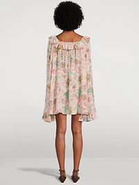Ruffled Crêpe de Chine Mini Dress Floral Print