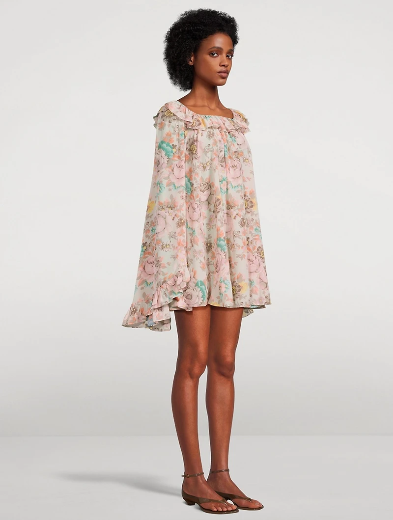 Ruffled Crêpe de Chine Mini Dress Floral Print