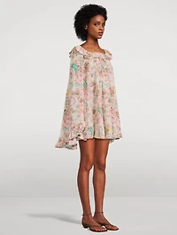 Ruffled Crêpe de Chine Mini Dress Floral Print