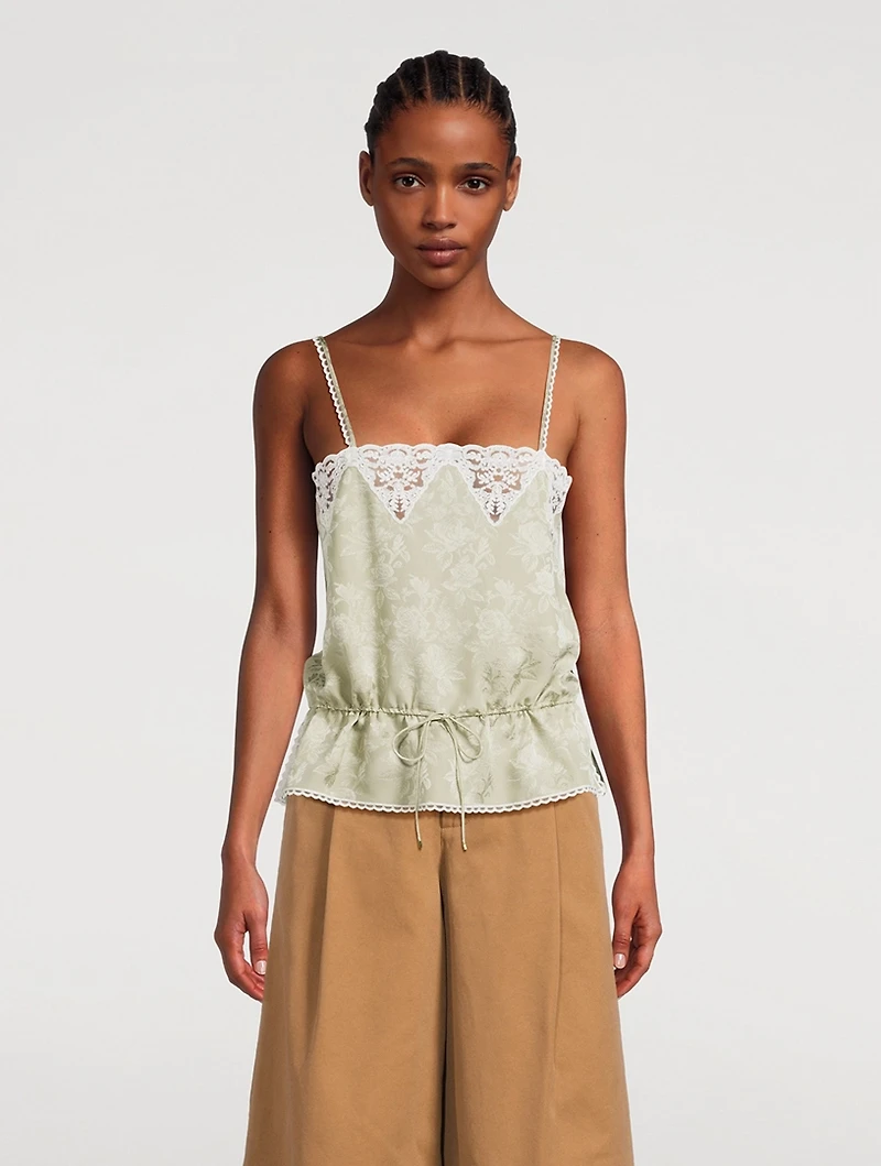 Drawstring Floral Jacquard Silk Cami
