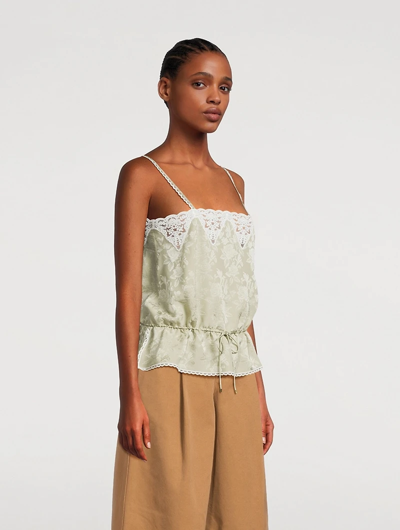 Drawstring Floral Jacquard Silk Cami