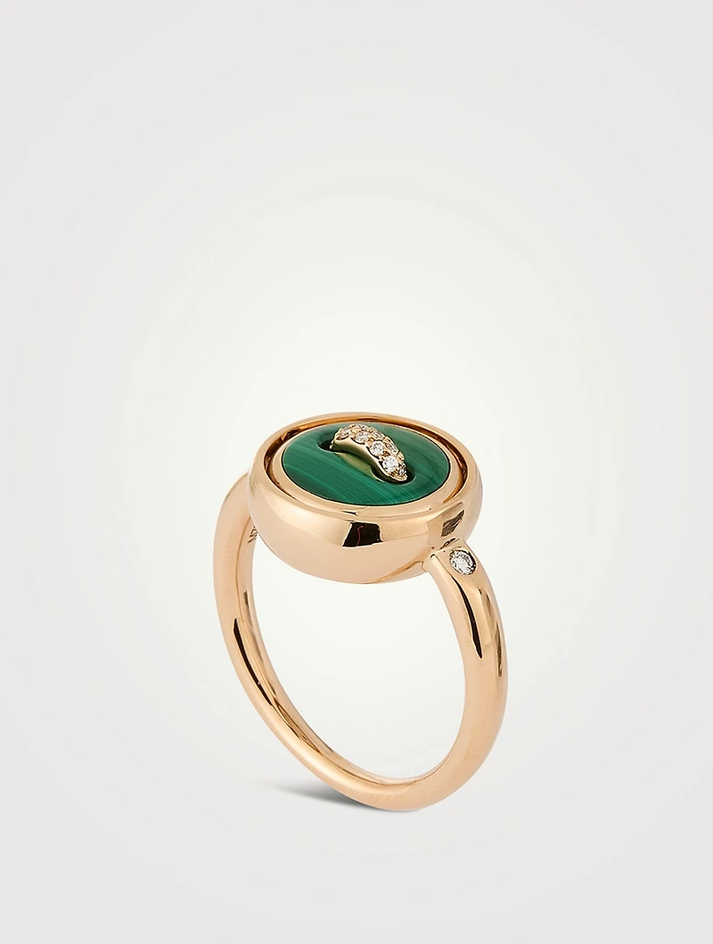 Pom Pom Dot 18K Rose Gold Reversible Malachite Ring With Diamonds