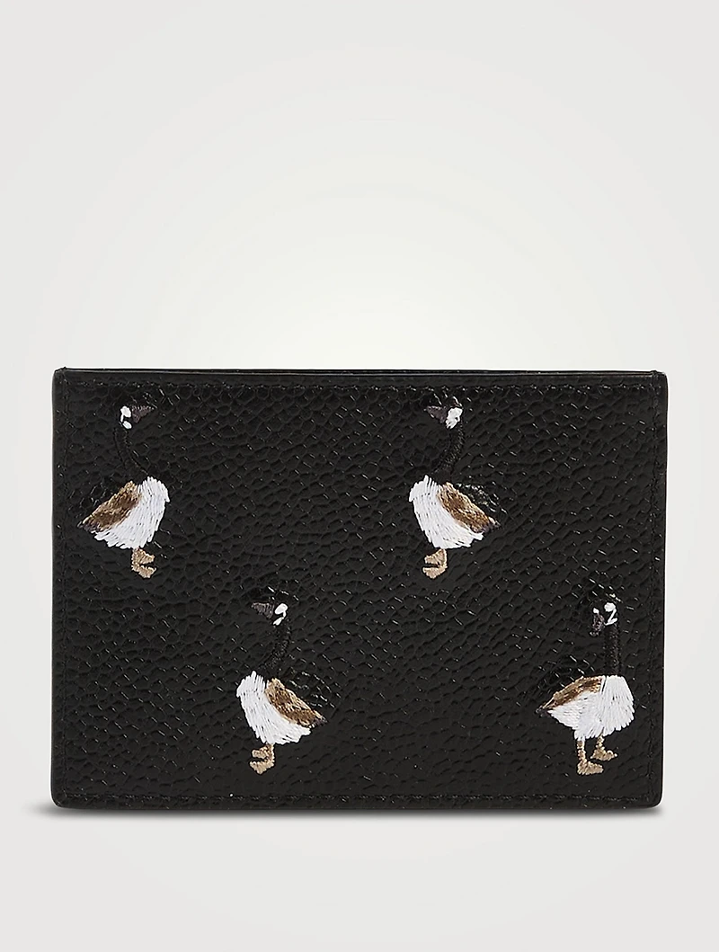 Leather Card Holder With Goose Embroidery