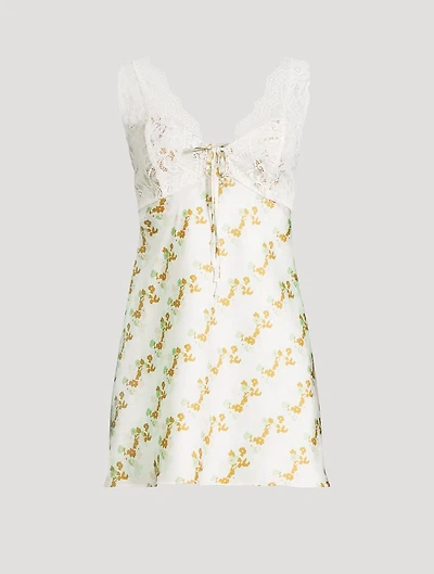 Countryside Lace-Trimmed Satin Mini Dress Floral Print